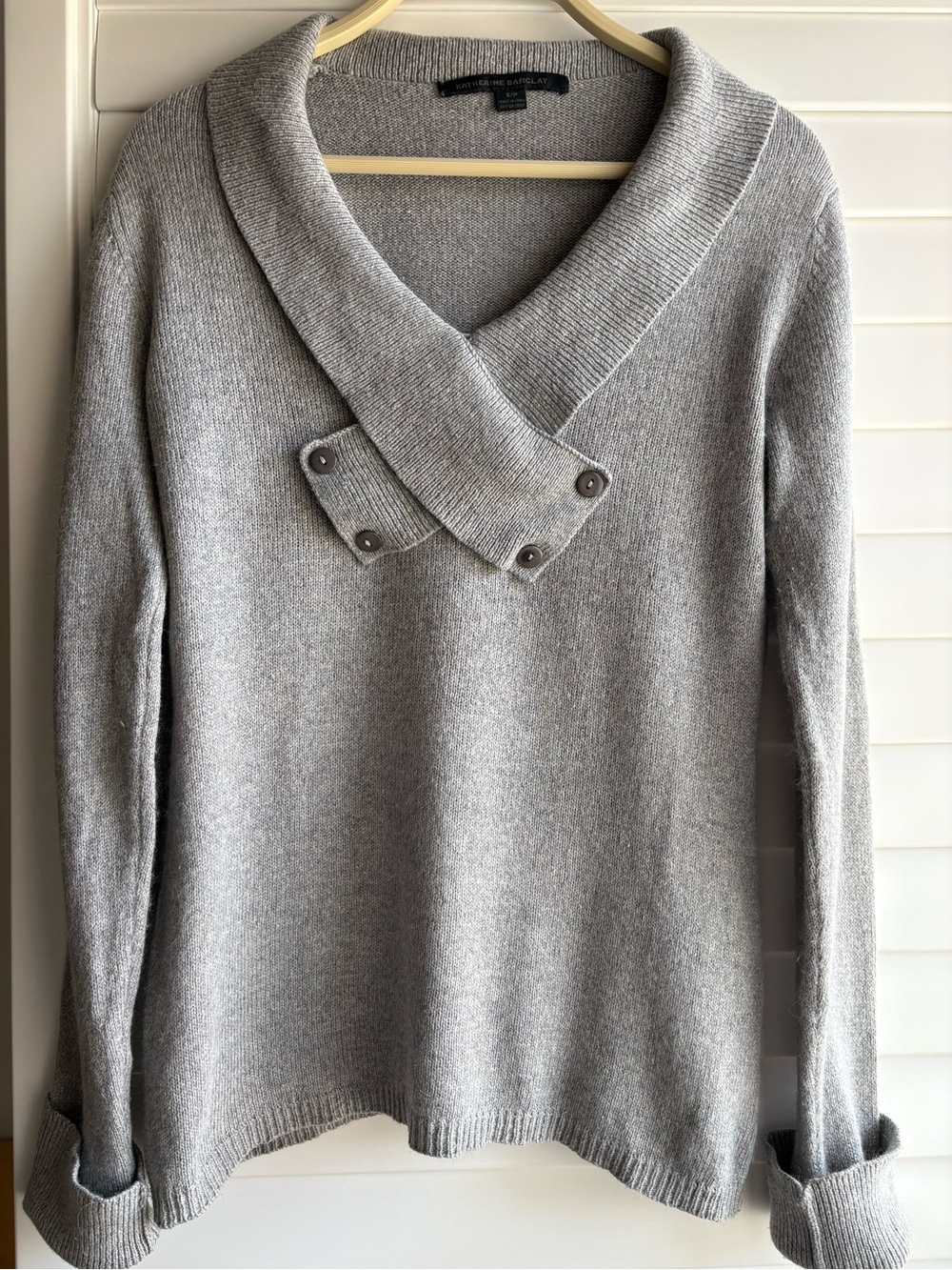 Katherine Barclay Silk 55% Light Gray Shawl Collar Sweater